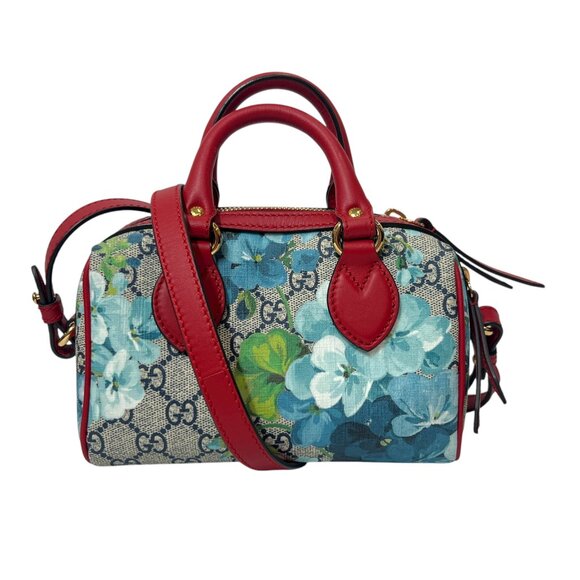 $1800 GUCCI Blue Red GG Supreme Boston Bloom Crossbody Canvas Mini Bag - Picture 1 of 14